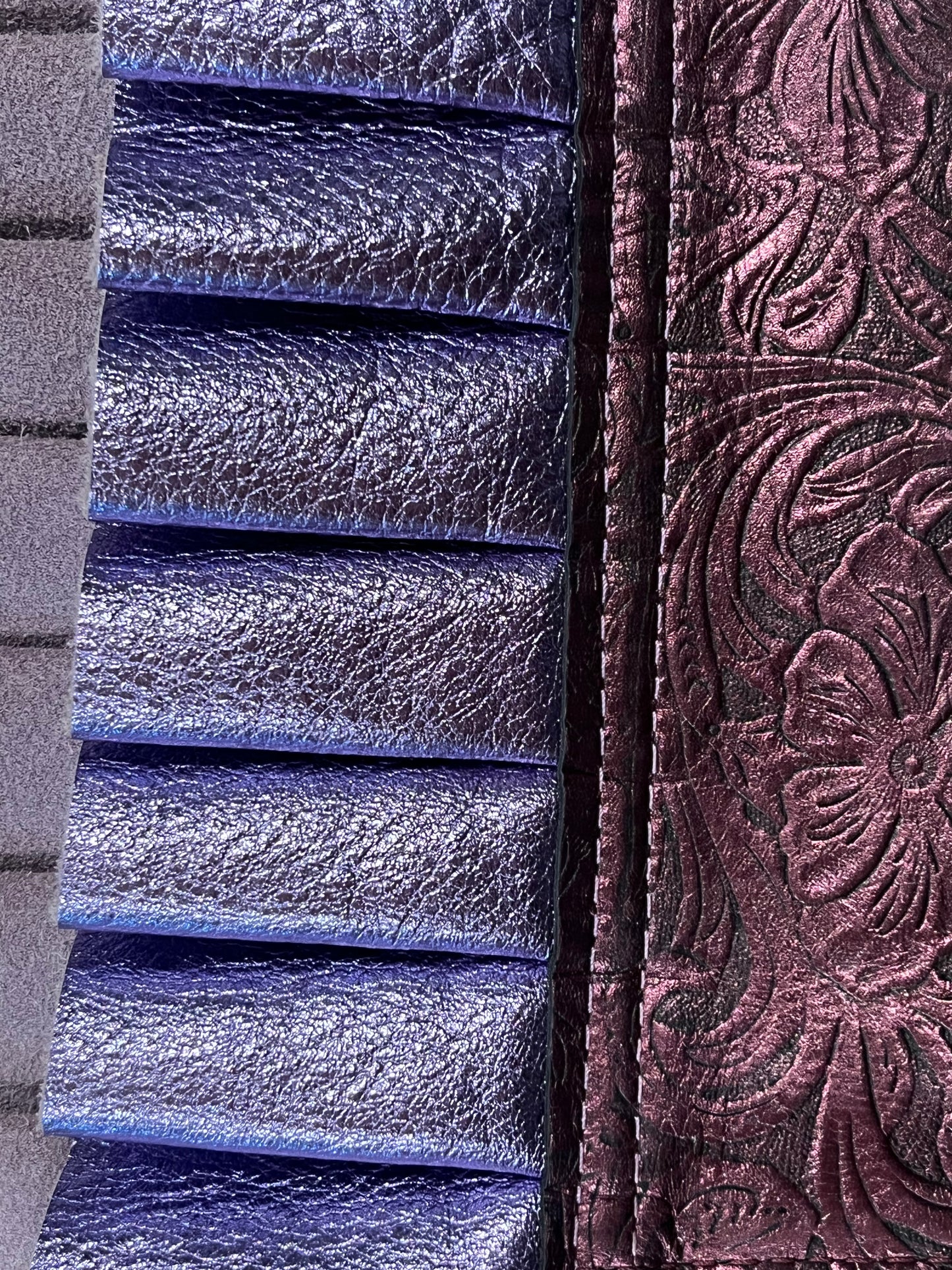 Close up of Belladonna ruff top showing tooled maroon leather neck and metallic lilac leather ruff