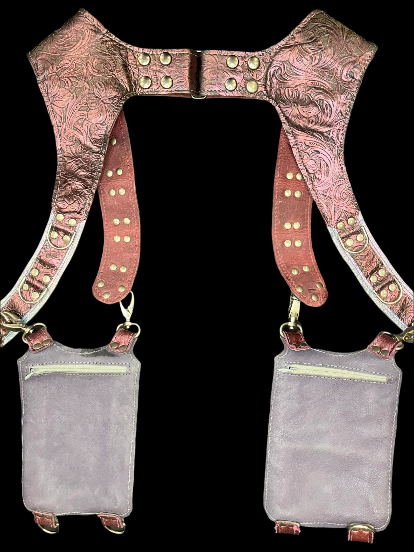 Back view of Belladonna holster showing hidden zipper pockets on the back of the hanging pockets