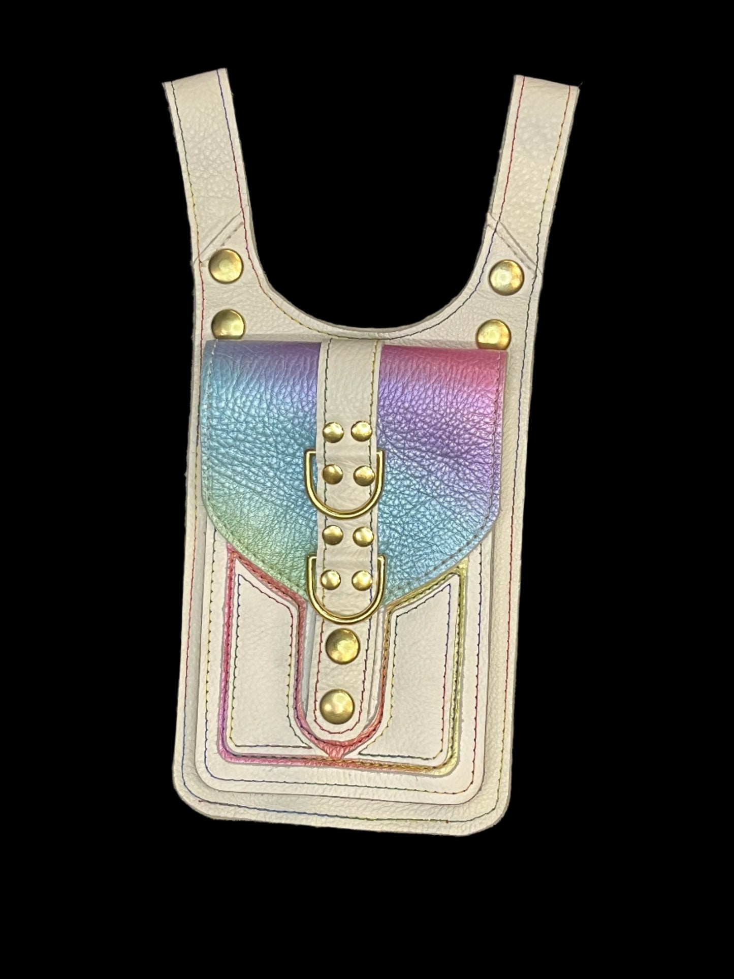 White and pastel rainbow leather thigh bag with gold hardware on a black background