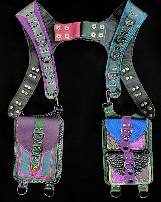 13 different leathers including purple, green, blue, and pink  holster with hanging pocket and rainbow hardware